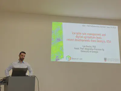 Dr. Leo Bastos presenting on variable-rate management and digital agriculture tools from Georgia.